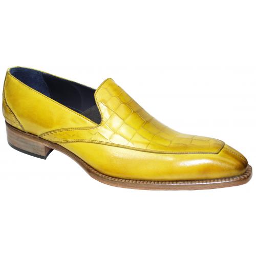 Duca Di Matiste "Trento" Yellow Genuine Italian Calf Leather Crocodile Print Slip On Dress Shoes.